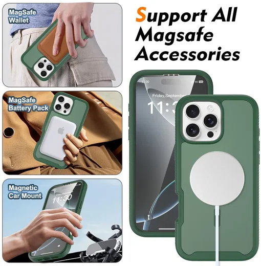 Apple iPhone 16 Pro Max Hoesje Full Protect 360° Cover met MagSafe Matte Groen afbeelding 5