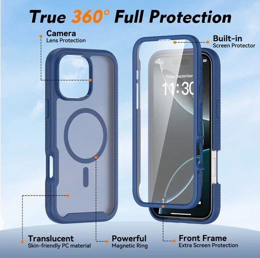Apple iPhone 16 Pro Max Hoesje Full Protect 360° Cover met MagSafe Matte Blauw afbeelding 7