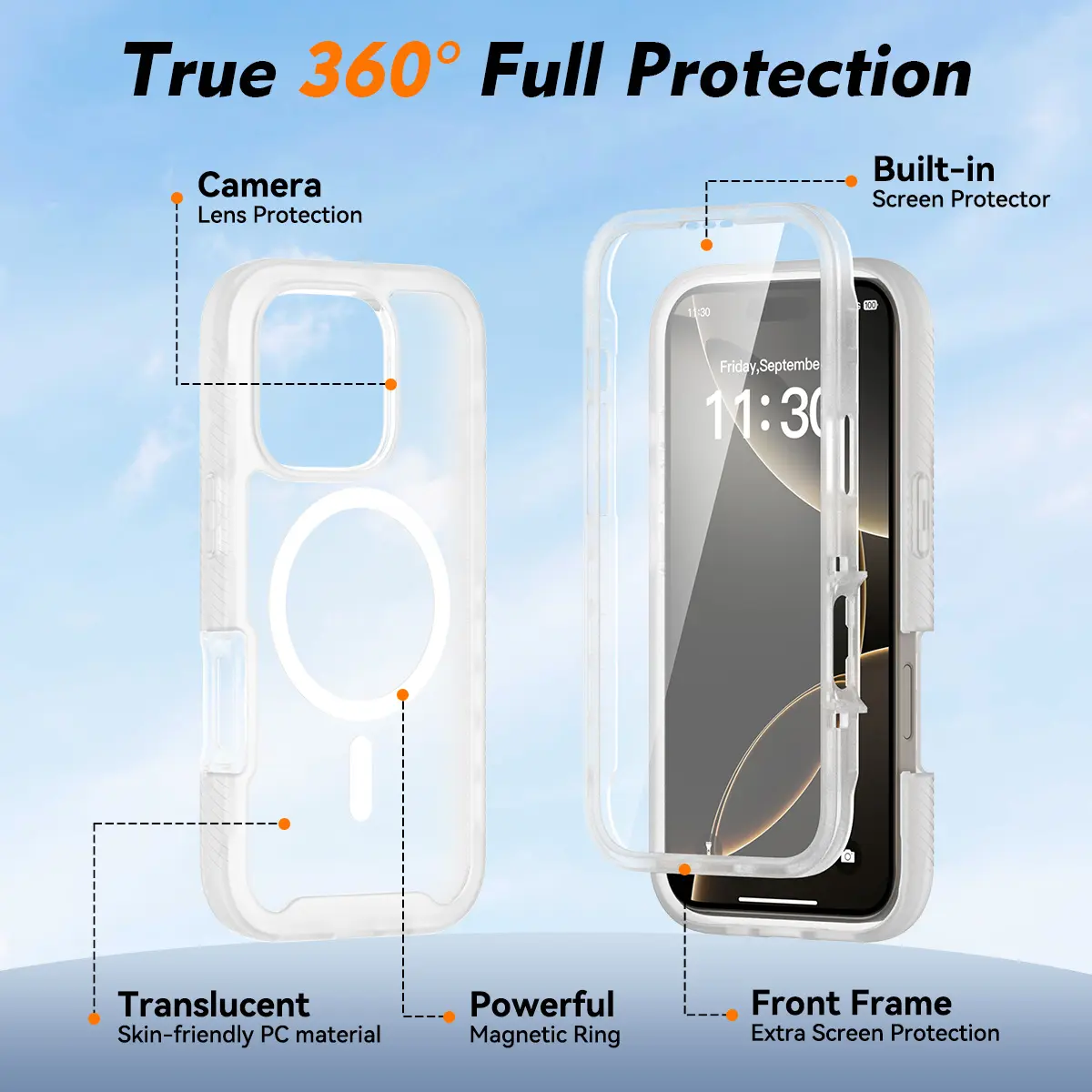 Apple iPhone 16 Pro Hoesje Full Protect 360° Cover met MagSafe Matte Transparant afbeelding 7