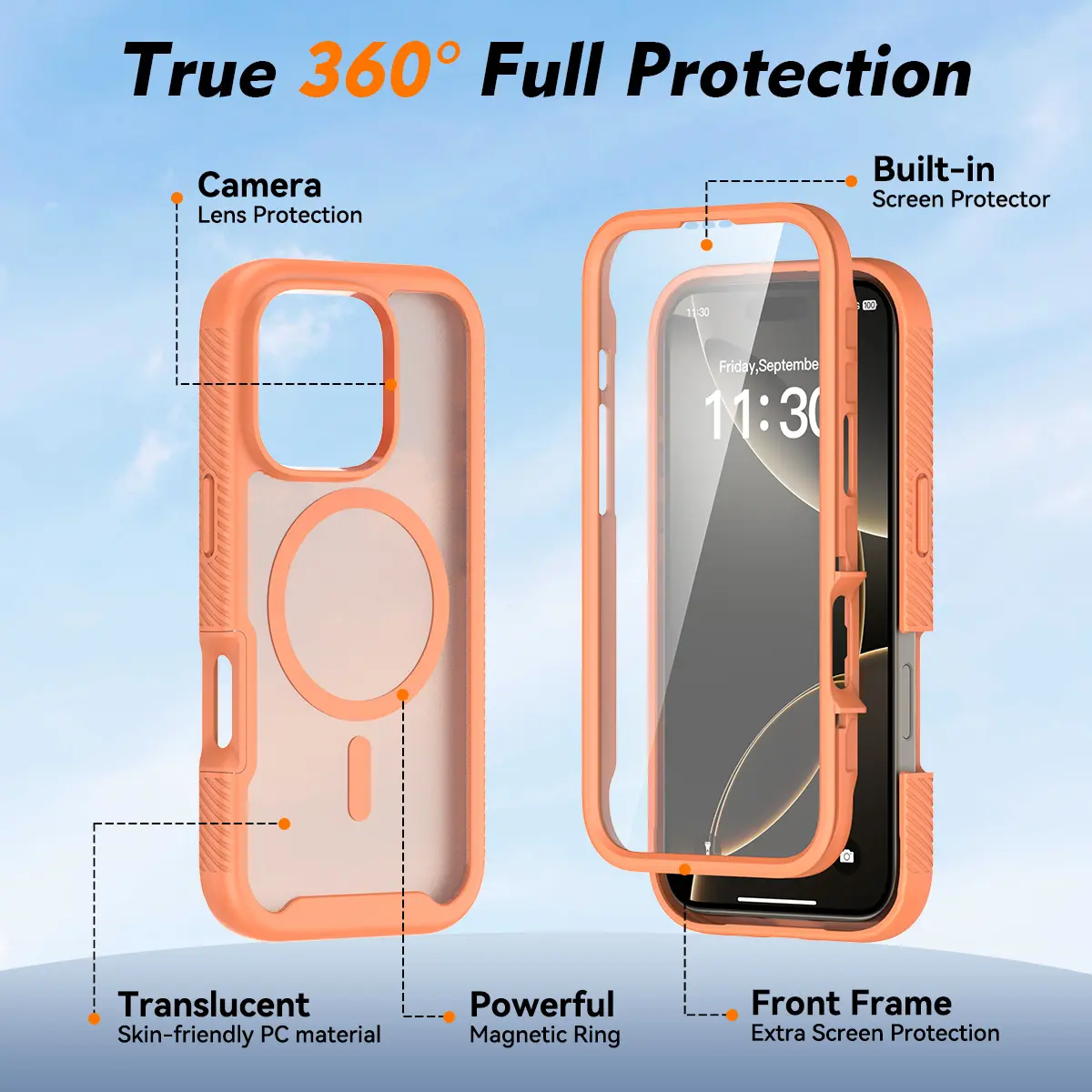 Apple iPhone 16 Pro Hoesje Full Protect 360° Cover met MagSafe Matte Oranje afbeelding 5