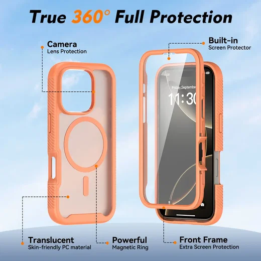 Apple iPhone 16 Pro Hoesje Full Protect 360° Cover met MagSafe Matte Oranje afbeelding 5