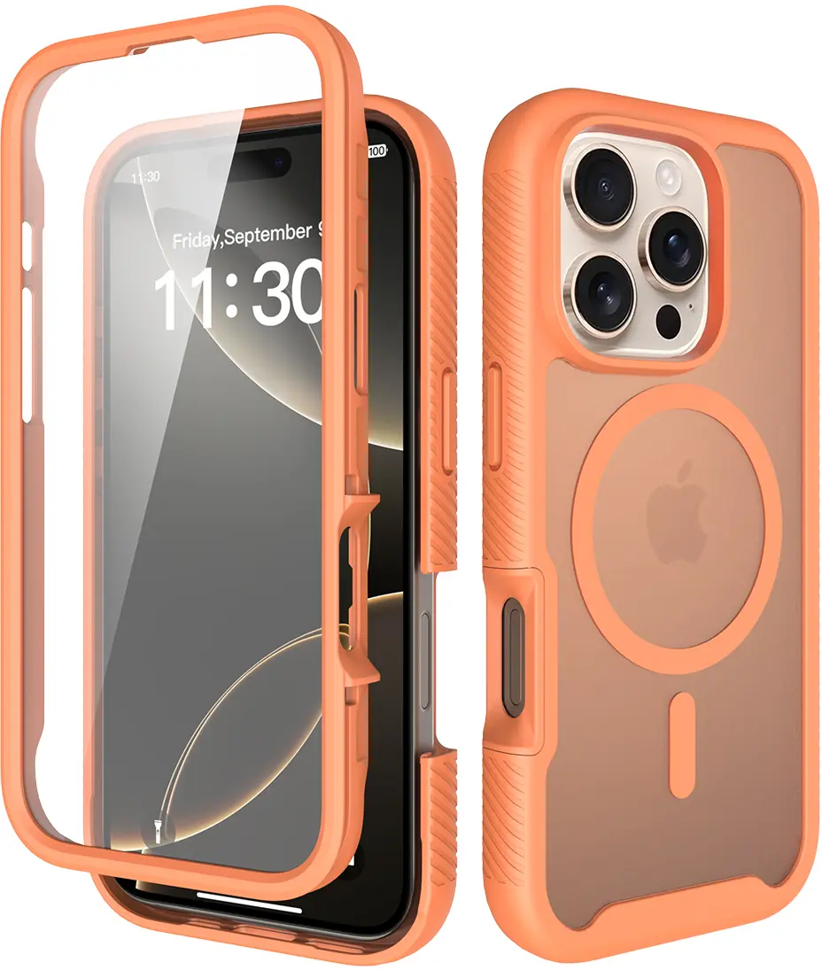 Apple iPhone 16 Pro Hoesje Full Protect 360° Cover met MagSafe Matte Oranje afbeelding 1