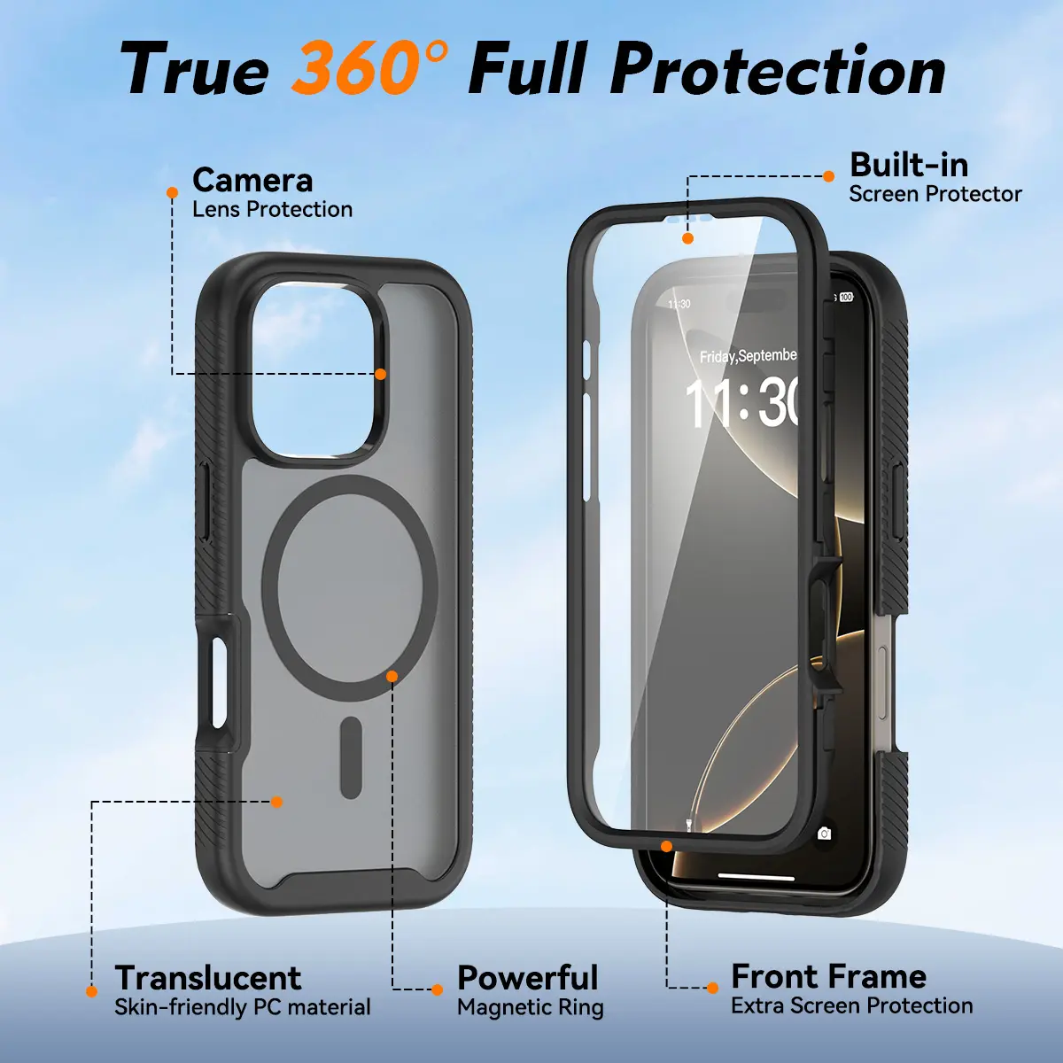 Apple iPhone 16 Pro Hoesje Full Protect 360° Cover met MagSafe Matte Zwart afbeelding 8