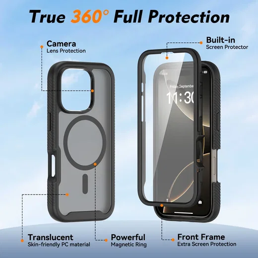 Apple iPhone 16 Pro Hoesje Full Protect 360° Cover met MagSafe Matte Zwart afbeelding 8