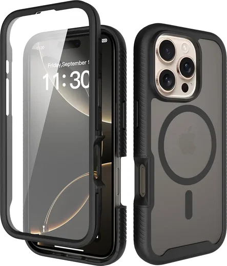 Apple iPhone 16 Pro Hoesje Full Protect 360° Cover met MagSafe Matte Zwart afbeelding 1
