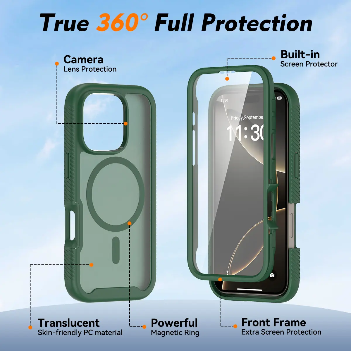 Apple iPhone 16 Pro Hoesje Full Protect 360° Cover met MagSafe Matte Groen afbeelding 7