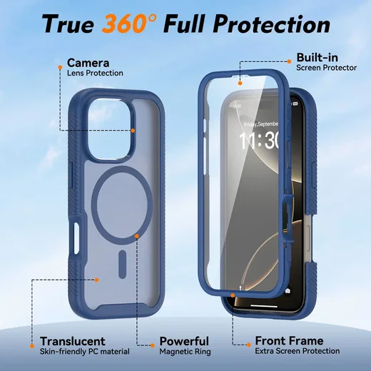 Apple iPhone 16 Pro Hoesje Full Protect 360° Cover met MagSafe Matte Blauw afbeelding 7