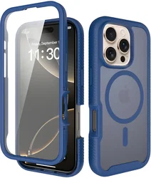 Apple iPhone 16 Pro Hoesje Full Protect 360° Cover met MagSafe Matte Blauw afbeelding