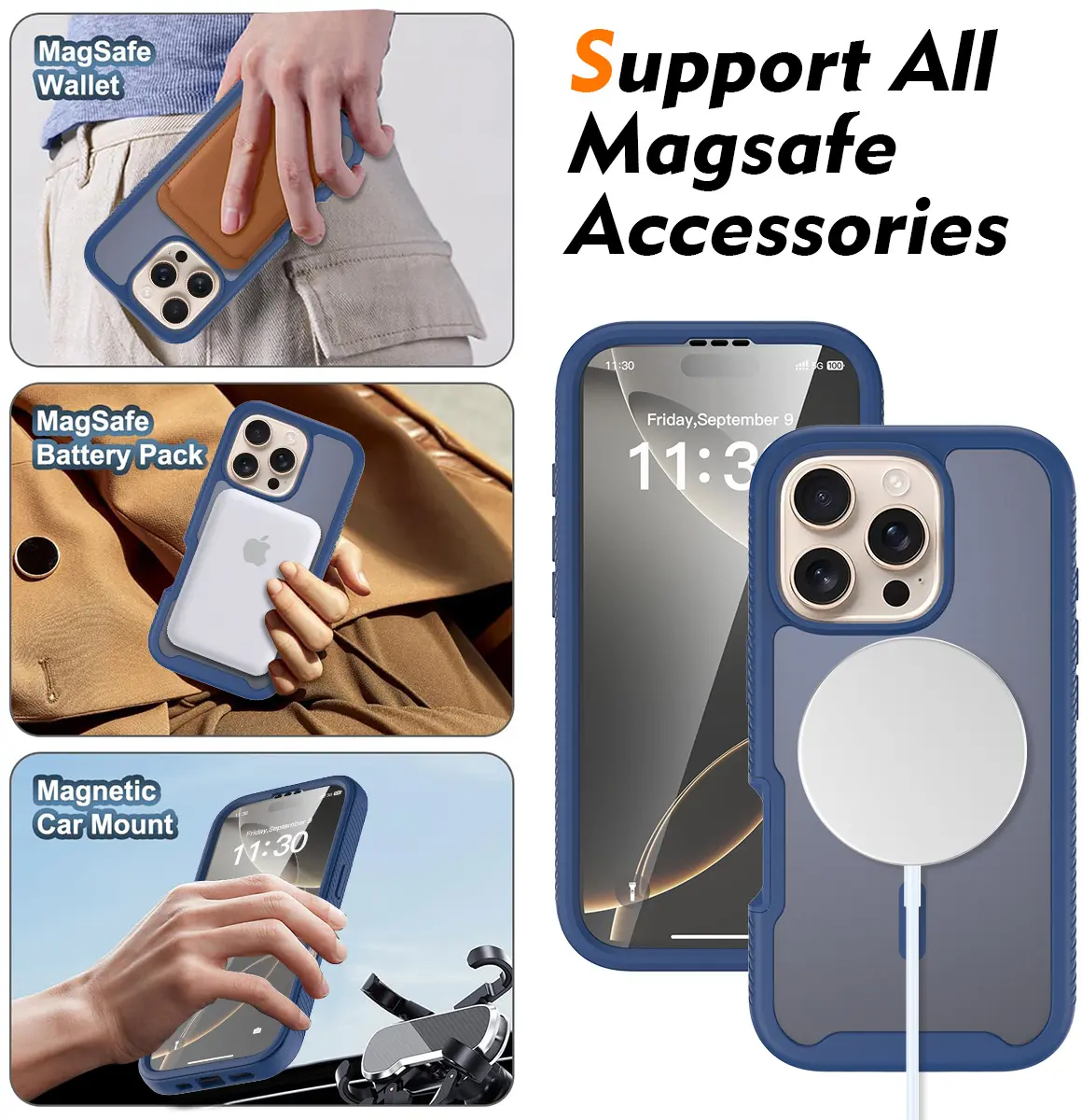 Apple iPhone 16 Pro Hoesje Full Protect 360° Cover met MagSafe Matte Blauw afbeelding 5