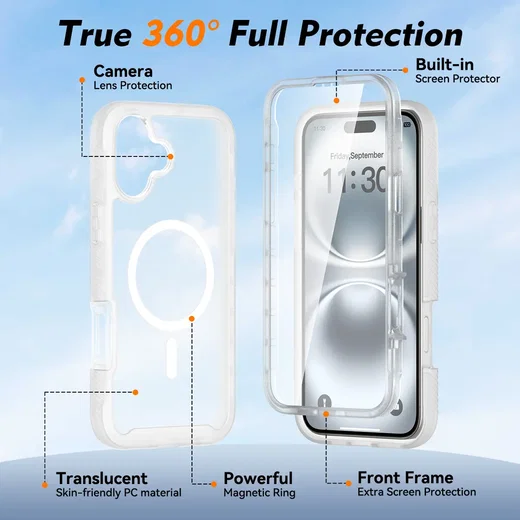 Apple iPhone 16 Plus Hoesje Full Protect 360° Cover MagSafe Matte Transparant afbeelding 7