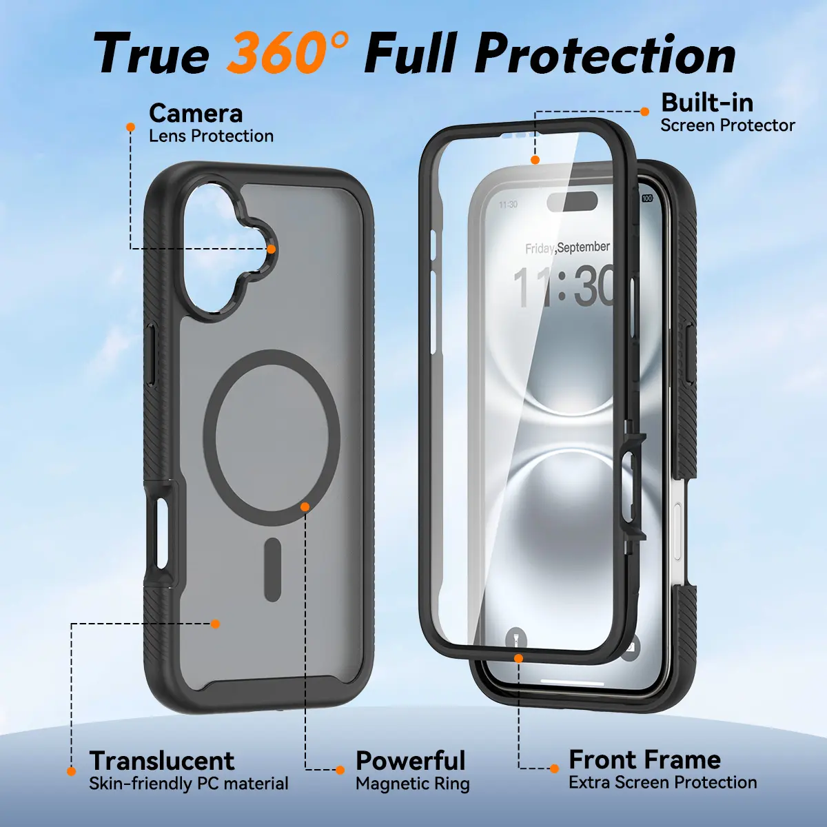 Apple iPhone 16 Plus Hoesje Full Protect 360° Cover met MagSafe Matte Zwart afbeelding 5