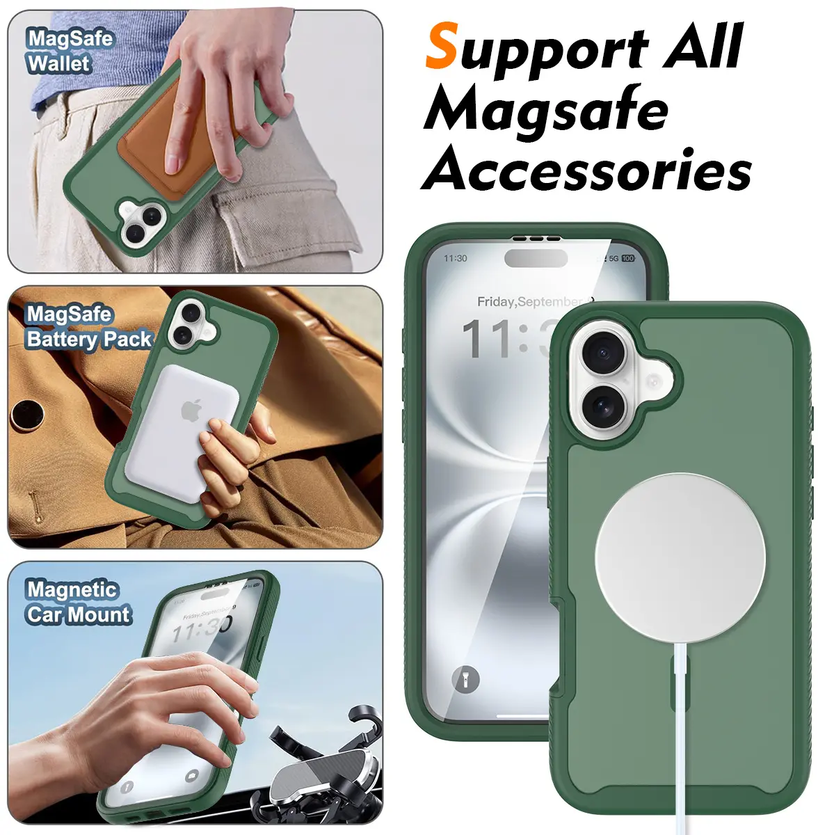 Apple iPhone 16 Plus Hoesje Full Protect 360° Cover met MagSafe Matte Groen afbeelding 4