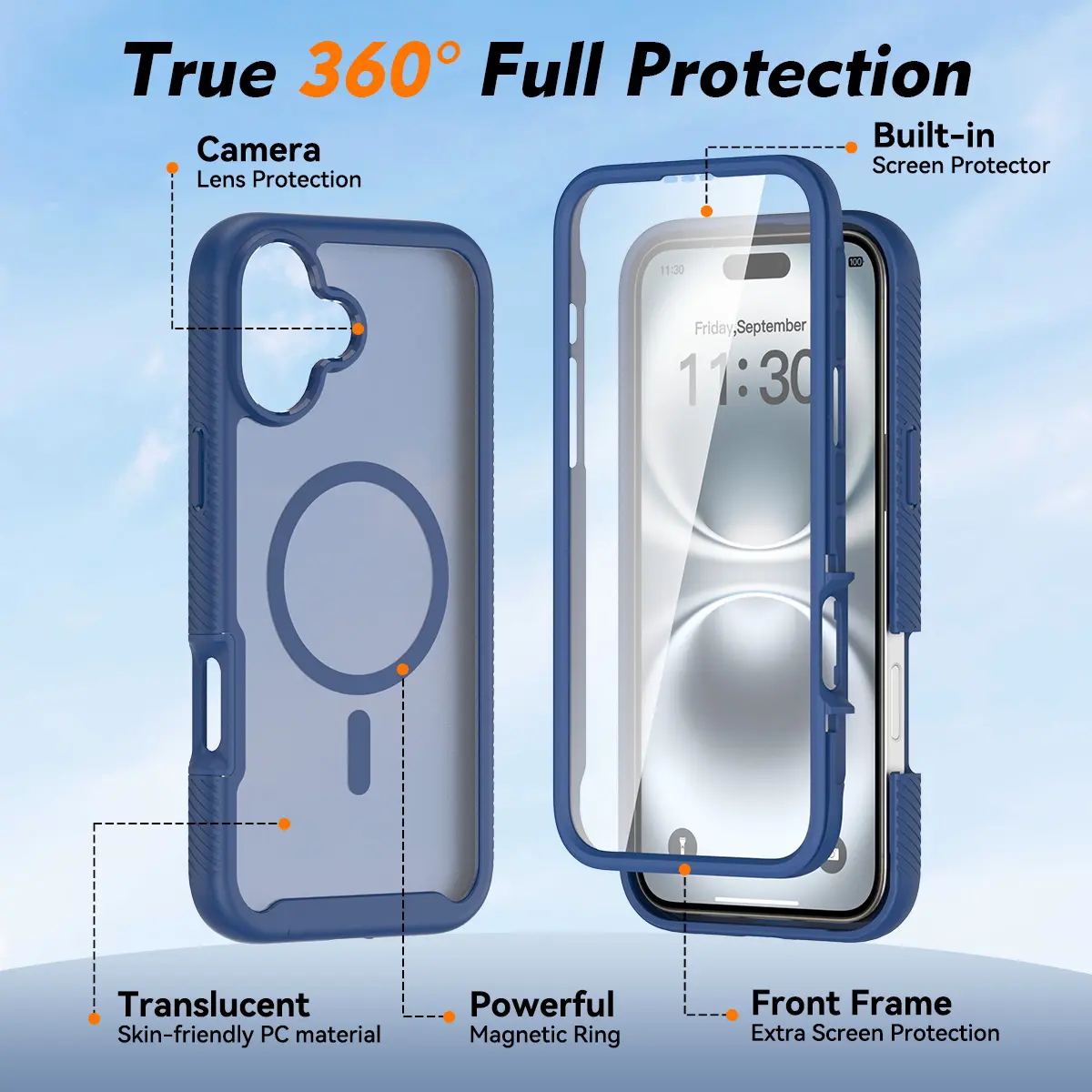 Apple iPhone 16 Plus Hoesje Full Protect 360° Cover met MagSafe Matte Blauw afbeelding 7