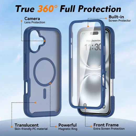 Apple iPhone 16 Plus Hoesje Full Protect 360° Cover met MagSafe Matte Blauw afbeelding 7