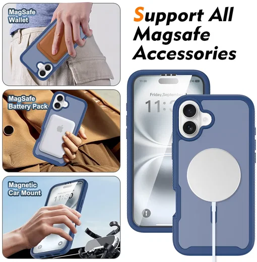 Apple iPhone 16 Plus Hoesje Full Protect 360° Cover met MagSafe Matte Blauw afbeelding 4