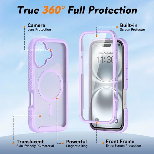 Apple iPhone 16 Hoesje Full Protect 360° Cover met MagSafe Matte Paars afbeelding 7