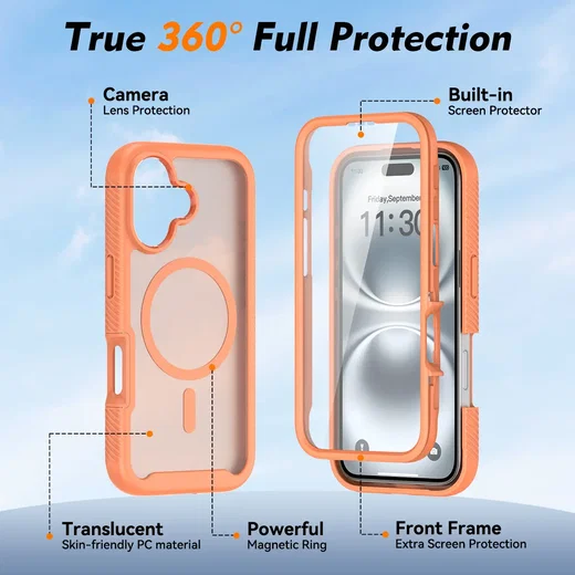 Apple iPhone 16 Hoesje Full Protect 360° Cover met MagSafe Matte Oranje afbeelding 7