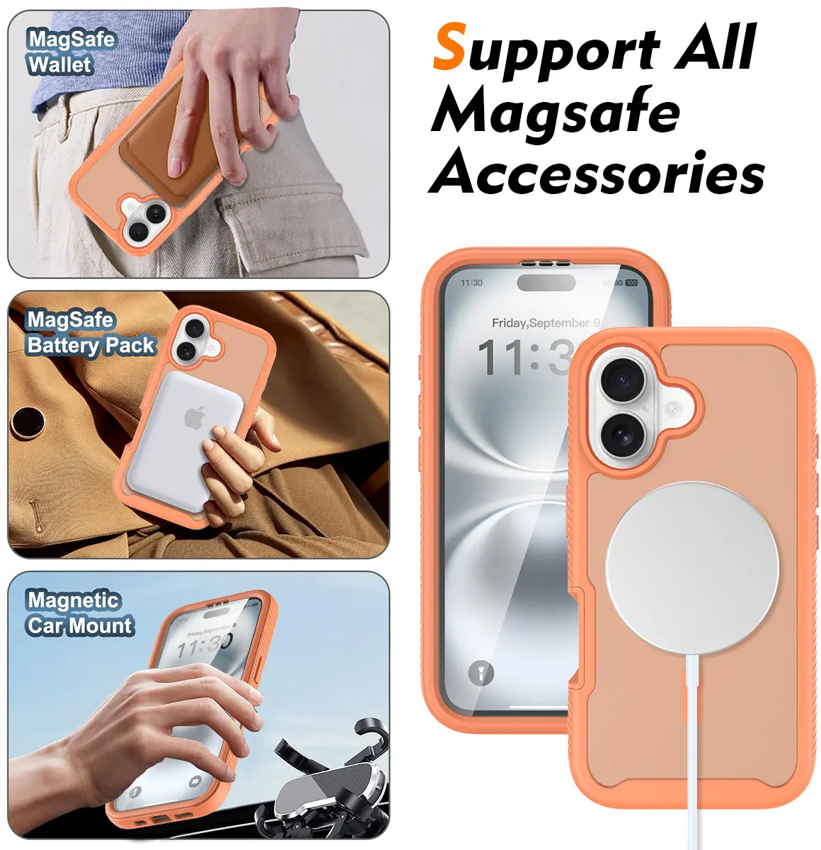 Apple iPhone 16 Hoesje Full Protect 360° Cover met MagSafe Matte Oranje afbeelding 5