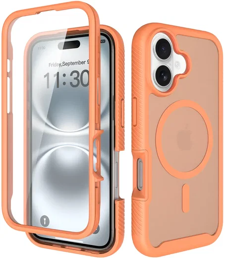 Apple iPhone 16 Hoesje Full Protect 360° Cover met MagSafe Matte Oranje afbeelding 1