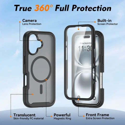 Apple iPhone 16 Hoesje Full Protect 360° Cover met MagSafe Matte Zwart afbeelding 7