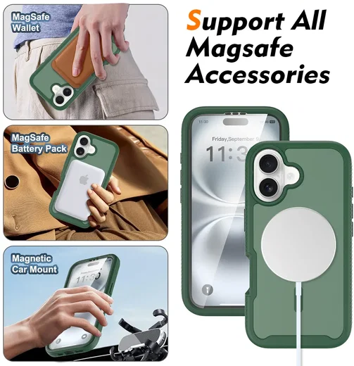 Apple iPhone 16 Hoesje Full Protect 360° Cover met MagSafe Matte Groen afbeelding 4