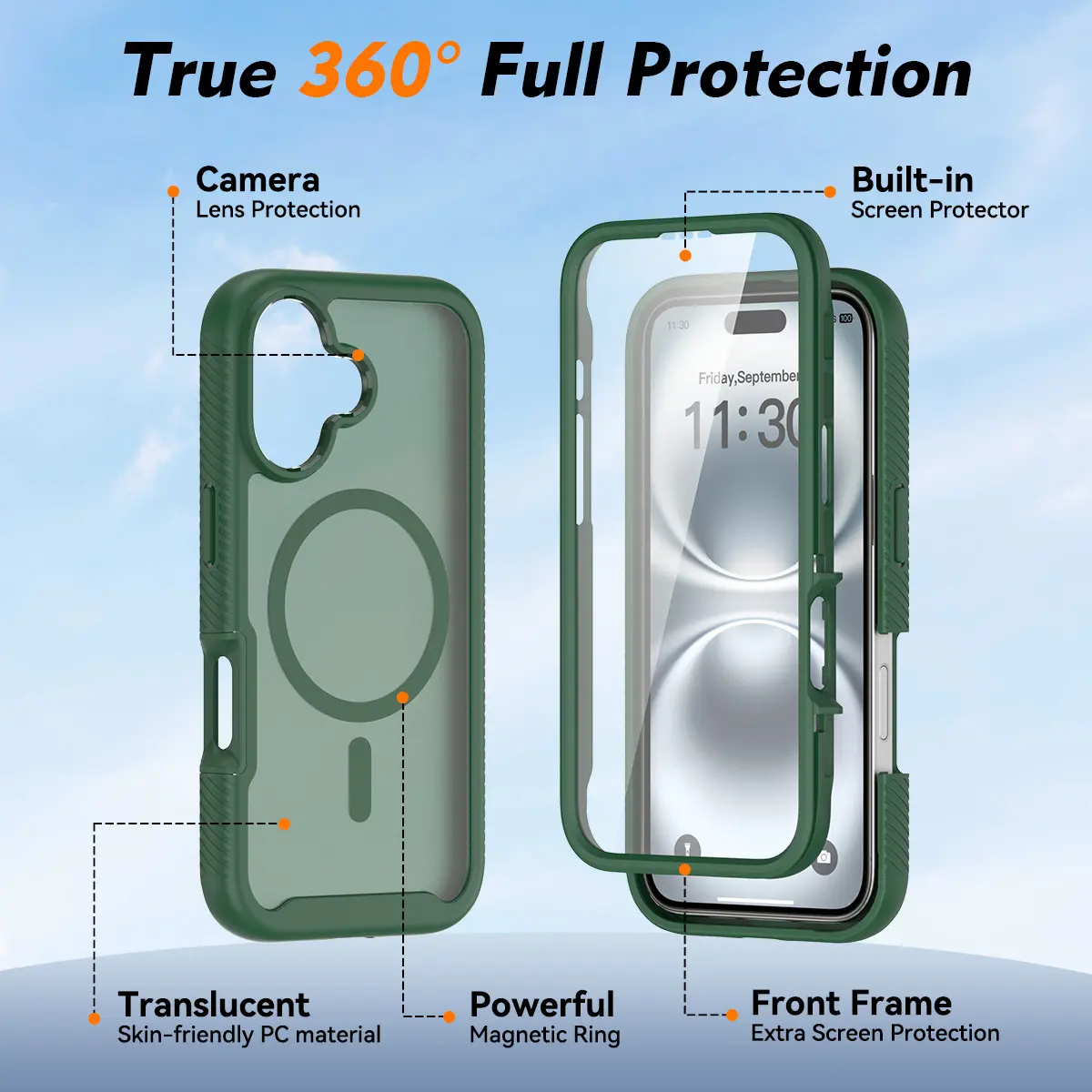 Apple iPhone 16 Hoesje Full Protect 360° Cover met MagSafe Matte Groen afbeelding 7