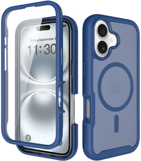 Apple iPhone 16 Hoesje Full Protect 360° Cover met MagSafe Matte Blauw afbeelding 1