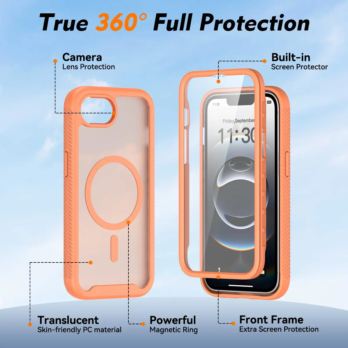 Apple iPhone 17e / 16e Hoesje Full Protect 360° Cover met MagSafe Matte Oranje afbeelding 7