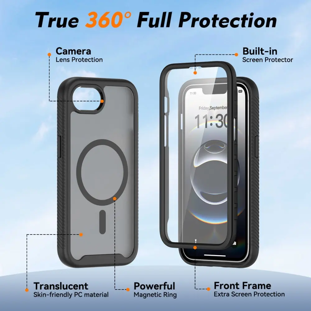 Apple iPhone 17e / 16e Hoesje Full Protect 360° Cover met MagSafe Matte Zwart afbeelding 5