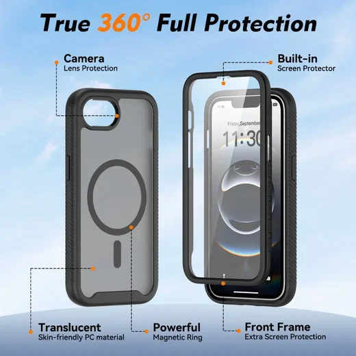 Apple iPhone 17e / 16e Hoesje Full Protect 360° Cover met MagSafe Matte Zwart afbeelding 5