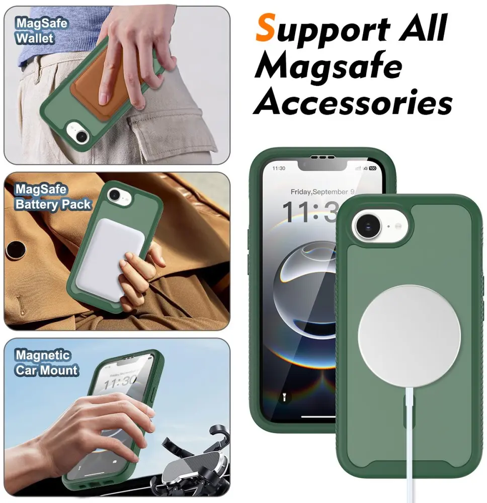 Apple iPhone 17e / 16e Hoesje Full Protect 360° Cover met MagSafe Matte Groen afbeelding 7