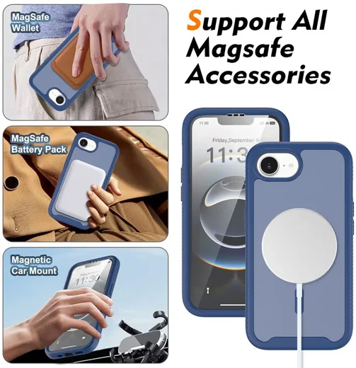 Apple iPhone 17e / 16e Hoesje Full Protect 360° Cover met MagSafe Matte Blauw afbeelding 7