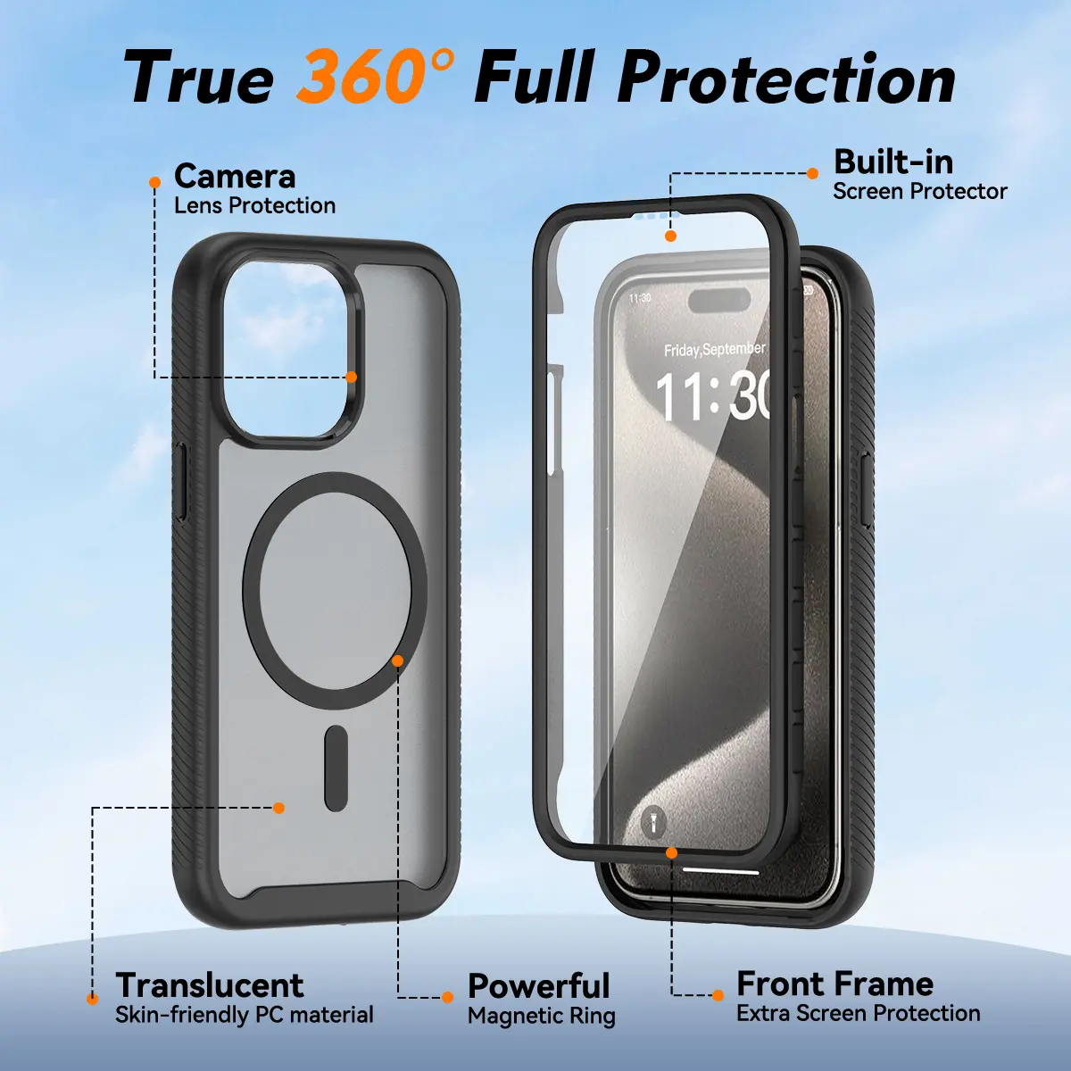 Apple iPhone 15 Pro Max Hoesje Full Protect 360° Cover met MagSafe Matte Zwart afbeelding 5