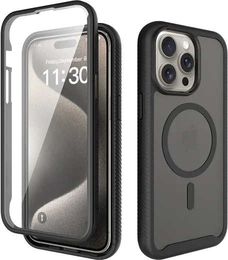 Apple iPhone 15 Pro Max Hoesje Full Protect 360° Cover met MagSafe Matte Zwart afbeelding 1