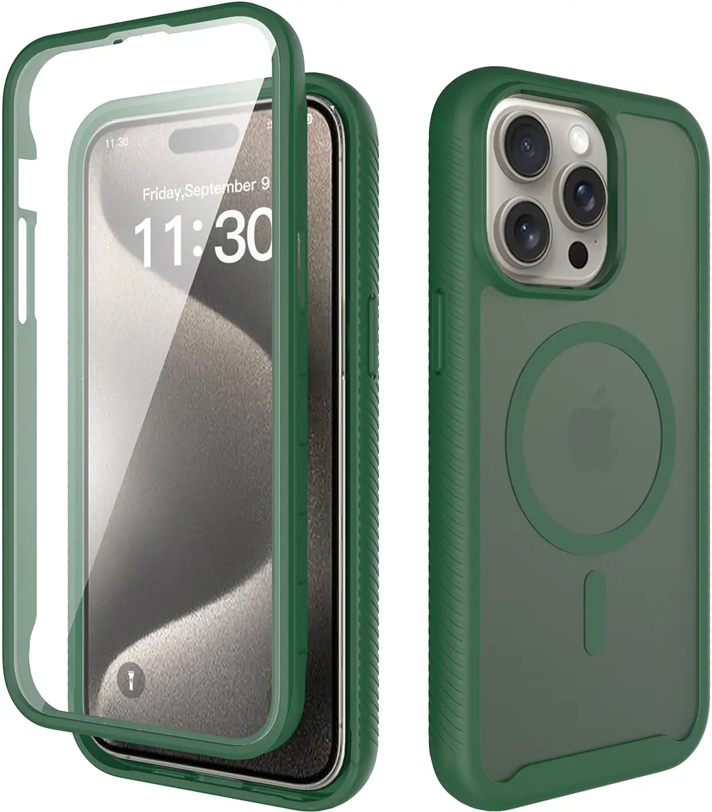 Apple iPhone 15 Pro Max Hoesje Full Protect 360° Cover met MagSafe Matte Groen afbeelding 1