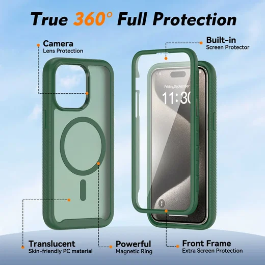 Apple iPhone 15 Pro Max Hoesje Full Protect 360° Cover met MagSafe Matte Groen afbeelding 5