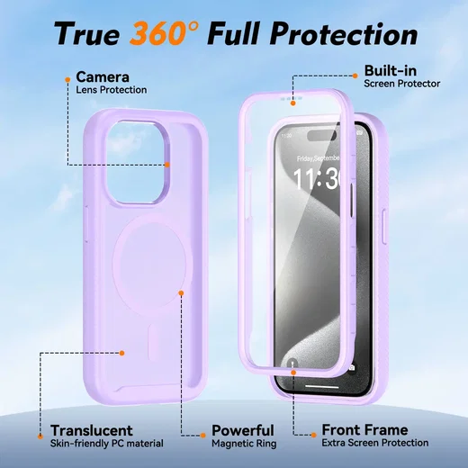 Apple iPhone 15 Pro Hoesje Full Protect 360° Cover met MagSafe Matte Paars afbeelding 6