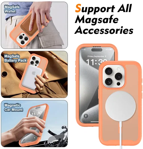 Apple iPhone 15 Pro Hoesje Full Protect 360° Cover met MagSafe Matte Oranje afbeelding 4