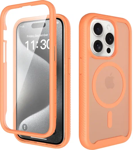 Apple iPhone 15 Pro Hoesje Full Protect 360° Cover met MagSafe Matte Oranje afbeelding 1