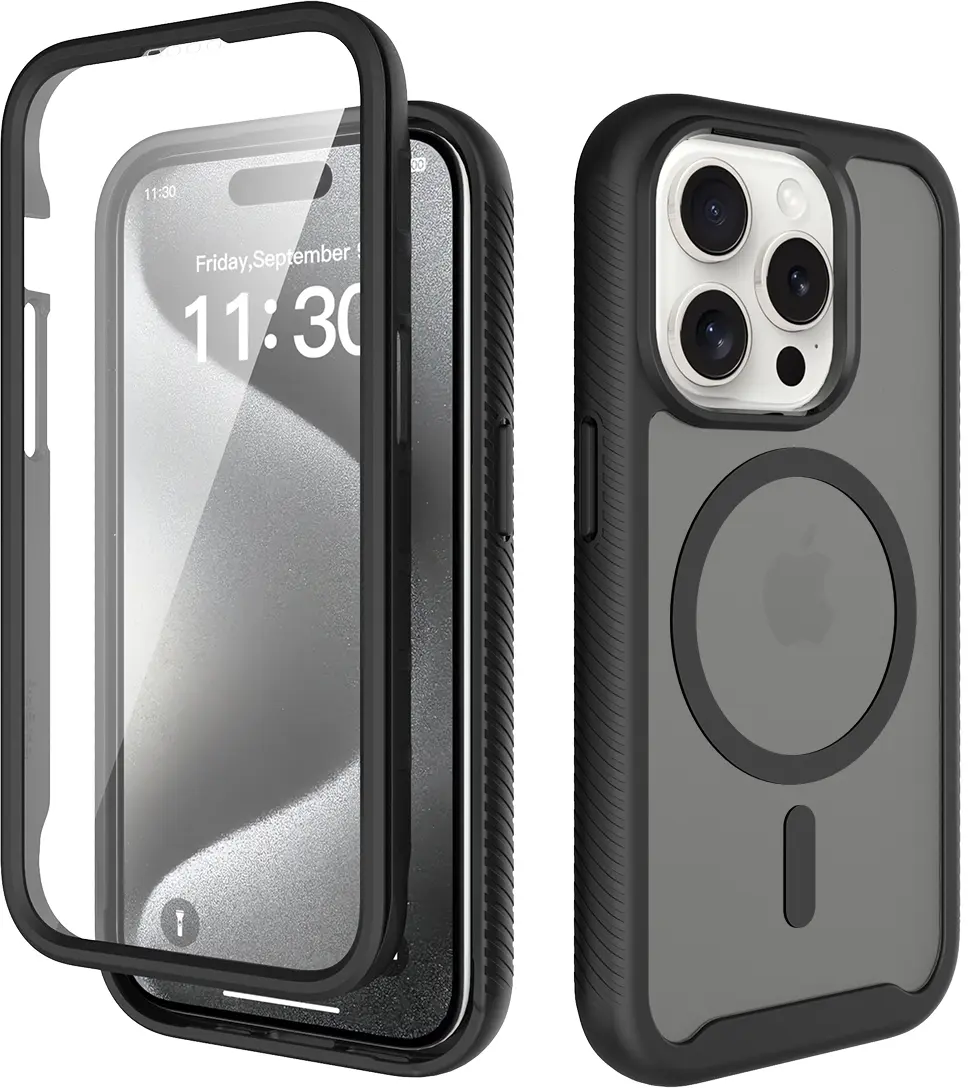 Apple iPhone 15 Pro Hoesje Full Protect 360° Cover met MagSafe Matte Zwart afbeelding 1