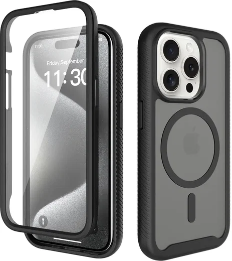 Apple iPhone 15 Pro Hoesje Full Protect 360° Cover met MagSafe Matte Zwart afbeelding 1