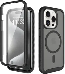 Apple iPhone 15 Pro Hoesje Full Protect 360° Cover met MagSafe Matte Zwart afbeelding