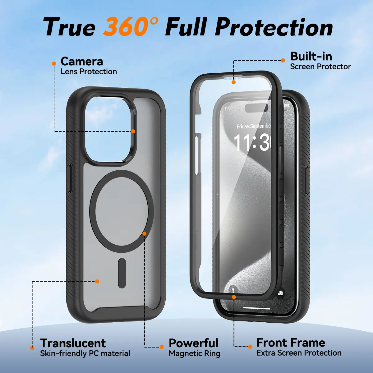 Apple iPhone 15 Pro Hoesje Full Protect 360° Cover met MagSafe Matte Zwart afbeelding 6