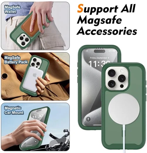 Apple iPhone 15 Pro Hoesje Full Protect 360° Cover met MagSafe Matte Groen afbeelding 4