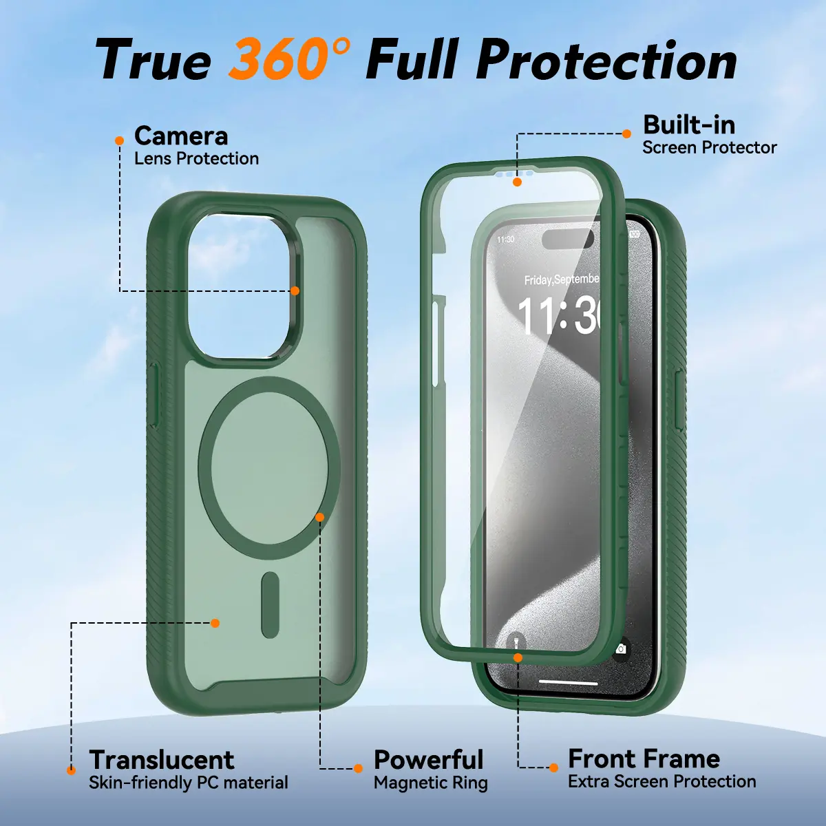 Apple iPhone 15 Pro Hoesje Full Protect 360° Cover met MagSafe Matte Groen afbeelding 6