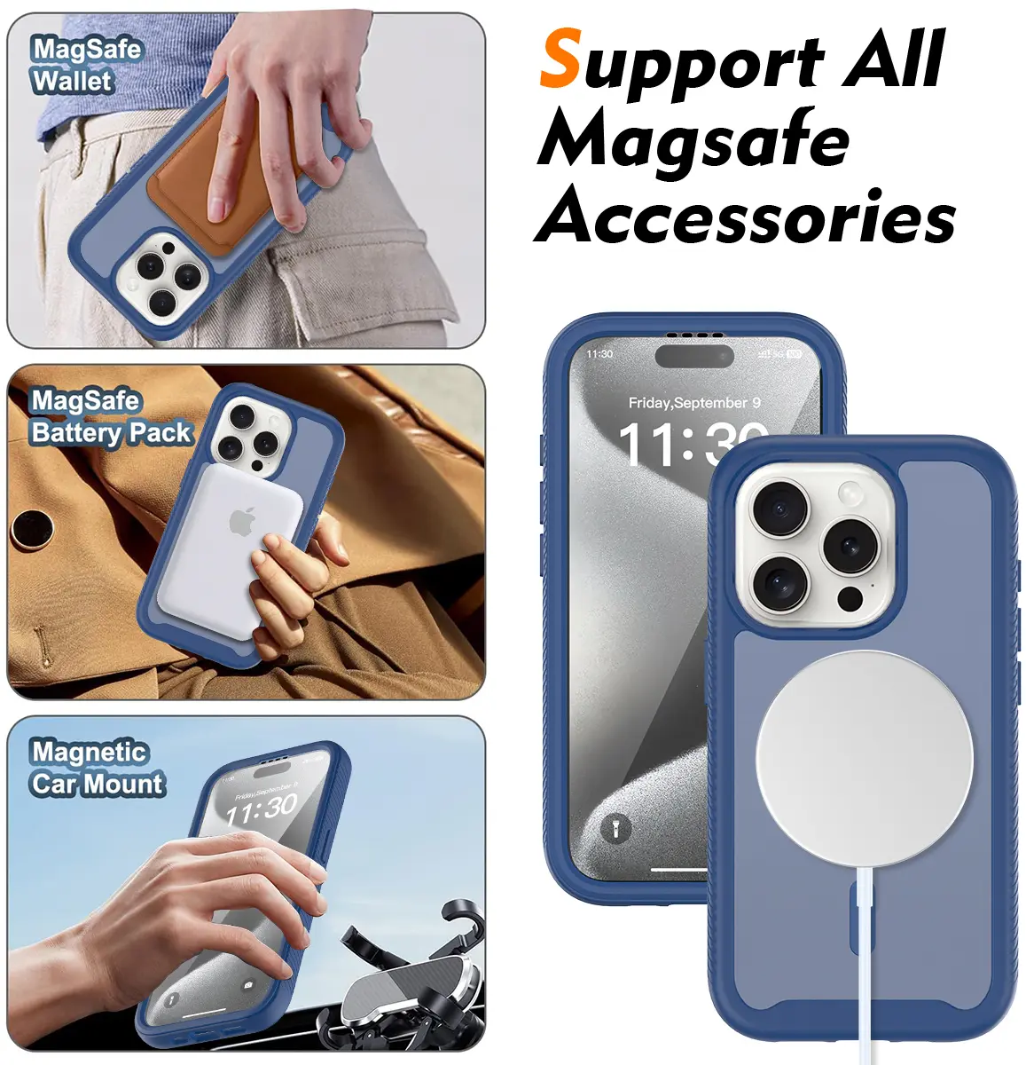Apple iPhone 15 Pro Hoesje Full Protect 360° Cover met MagSafe Matte Blauw afbeelding 5