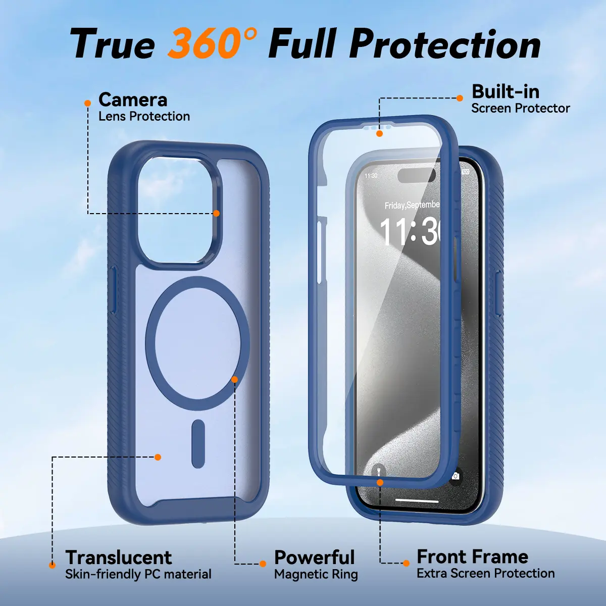 Apple iPhone 15 Pro Hoesje Full Protect 360° Cover met MagSafe Matte Blauw afbeelding 8