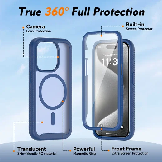 Apple iPhone 15 Pro Hoesje Full Protect 360° Cover met MagSafe Matte Blauw afbeelding 8