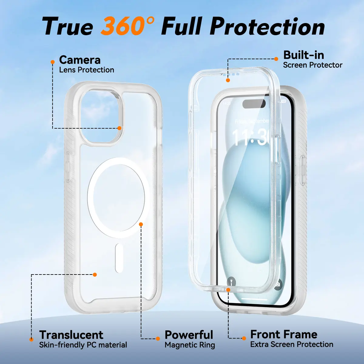 Apple iPhone 15 Hoesje Full Protect 360° Cover met MagSafe Matte Transparant afbeelding 9