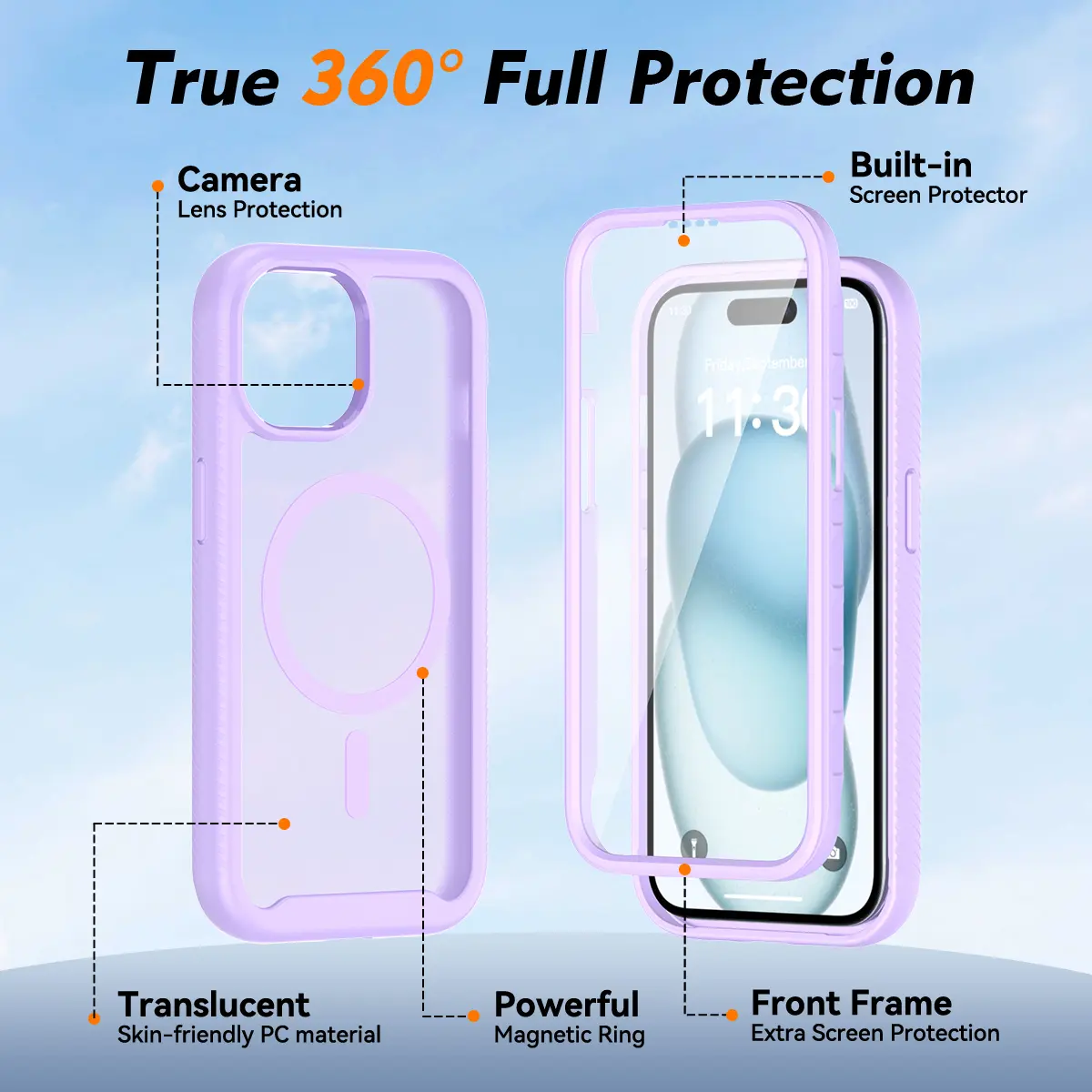 Apple iPhone 15 Hoesje Full Protect 360° Cover met MagSafe Matte Paars afbeelding 6